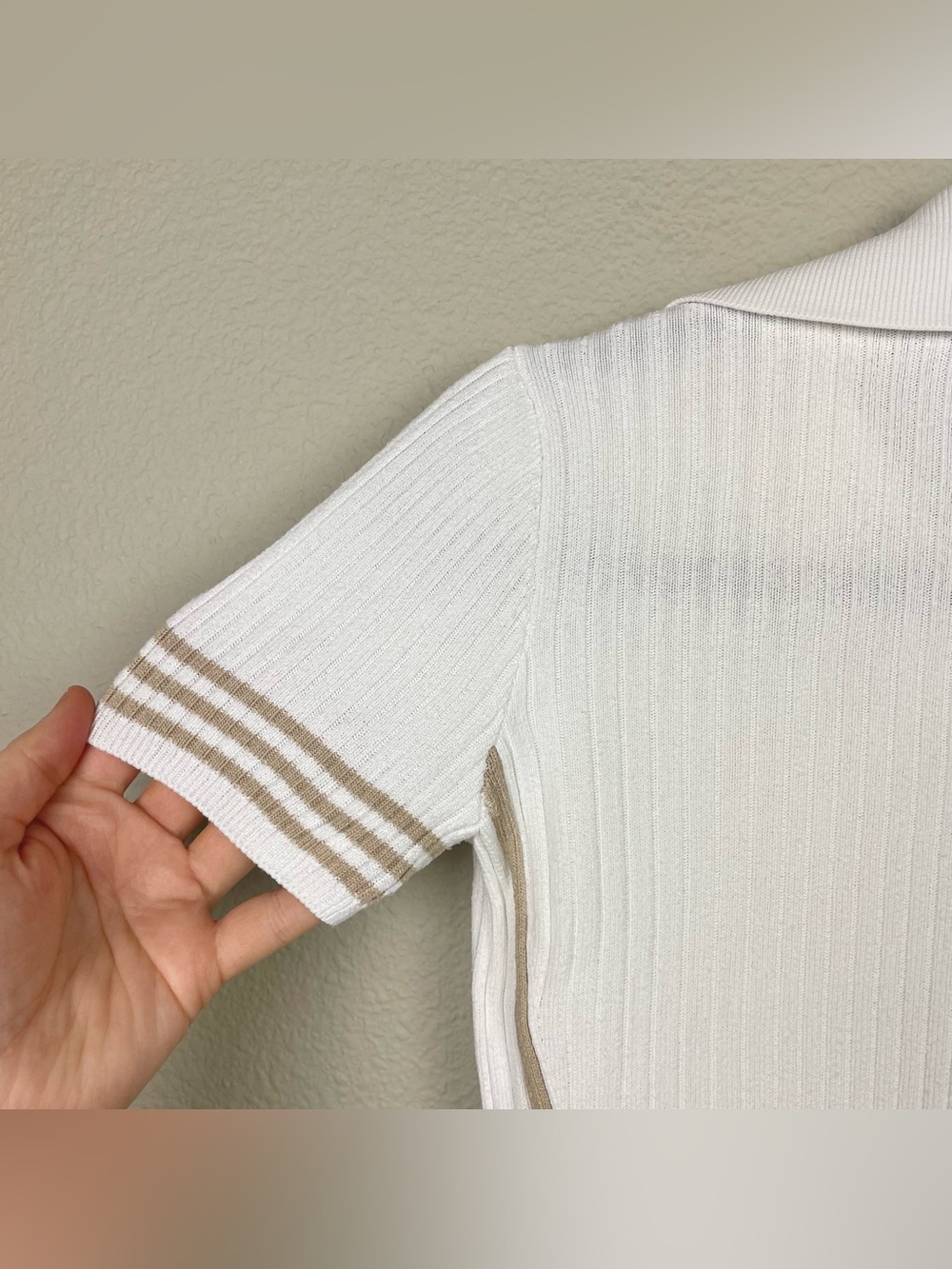 Rag & Bone Women's Small Peyton Rib Polo Top White Tan Trim Minimalist Fitted - Picture 12 of 15
